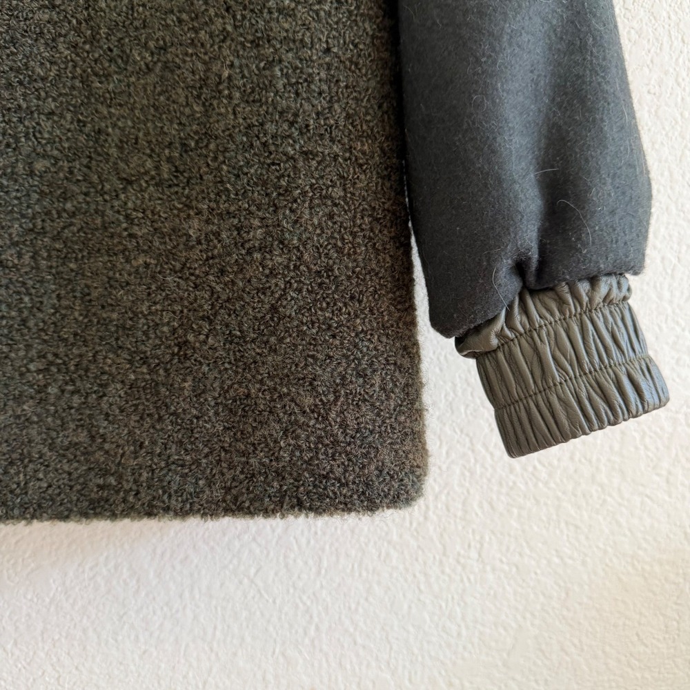 SIR. The Label Mixed Media Boucle Wool Bomber Jacket Olive Green Leather Trim S - Picture 11 of 16
